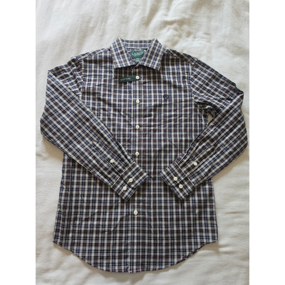 Lauren Ralph Lauren Boys Size 14 Plaid Button Down Shirt Navy Red Easy Care LRL